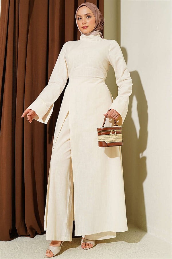 Beige Linen Tunic Two-Piece Set with Slit and Waistband
