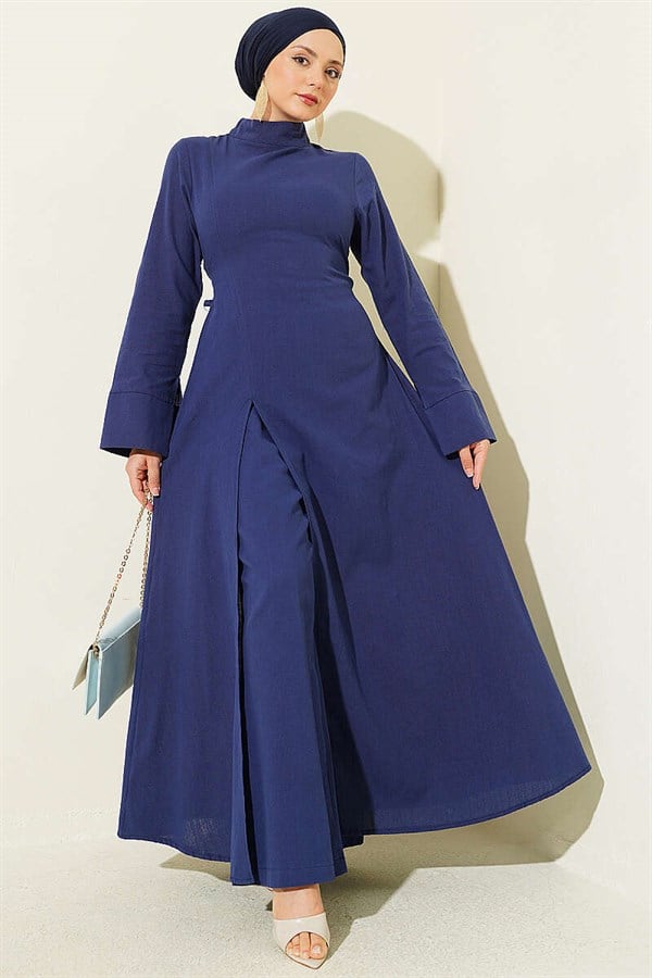 Linen Tunic Two-Piece Set with Slit and Belt, Navy Blue