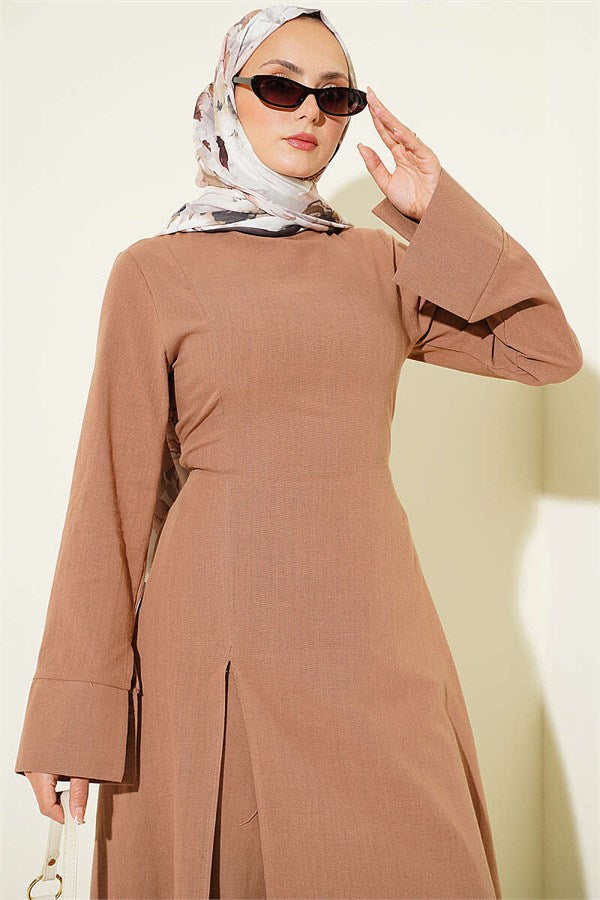 Linen Tunic 2 Piece Set with Slit and Belt, Latte