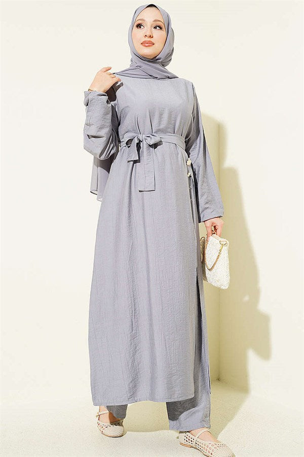 Grey Long Tunic 2 Piece Set with Slit and Floral Accessories