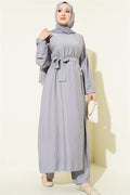 Grey Long Tunic 2 Piece Set with Slit and Floral Accessories