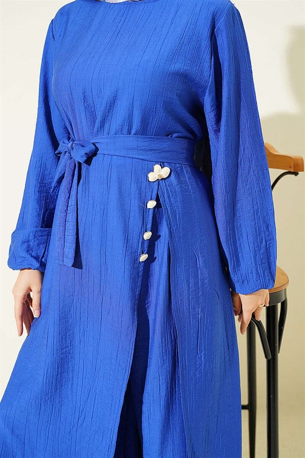 Long Tunic 2 Piece Set with Slit and Floral Accessories (Saksı)