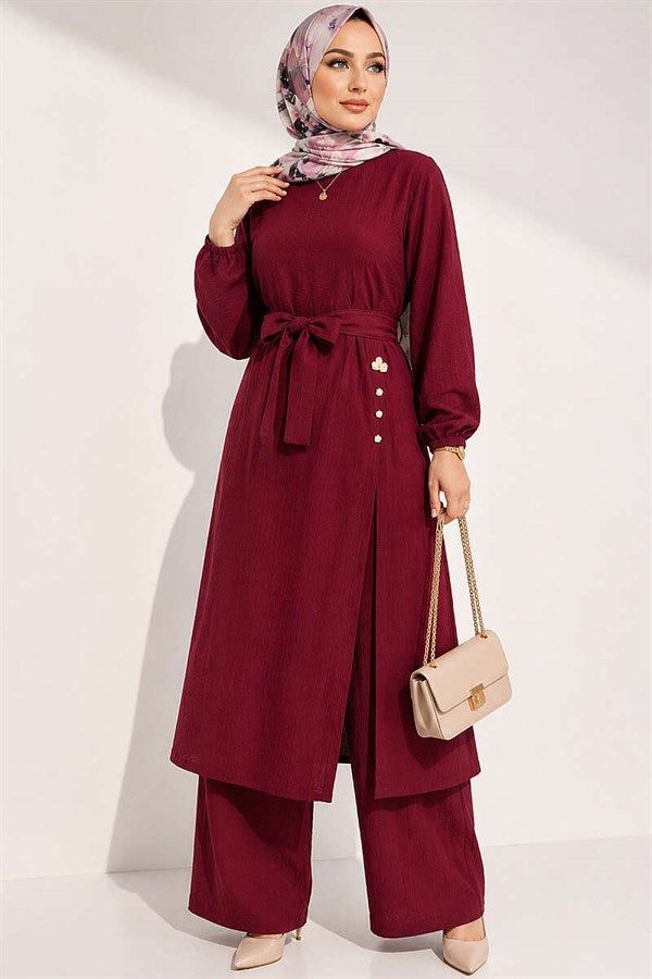 Burgundy Long Tunic 2 Piece Set with Slit and Floral Accessories