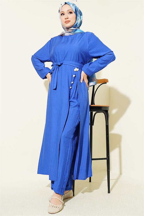 Long Tunic 2 Piece Set with Slit and Floral Accessories (Saksı)