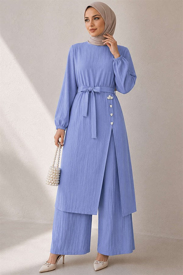 Baby Blue Long Tunic 2 Piece Set with Slit and Floral Accessories