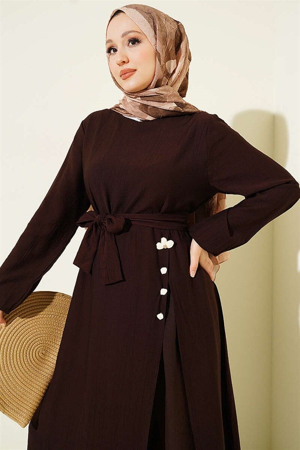 Long Tunic 2 Piece Set with Slit and Floral Accessories, Coffee