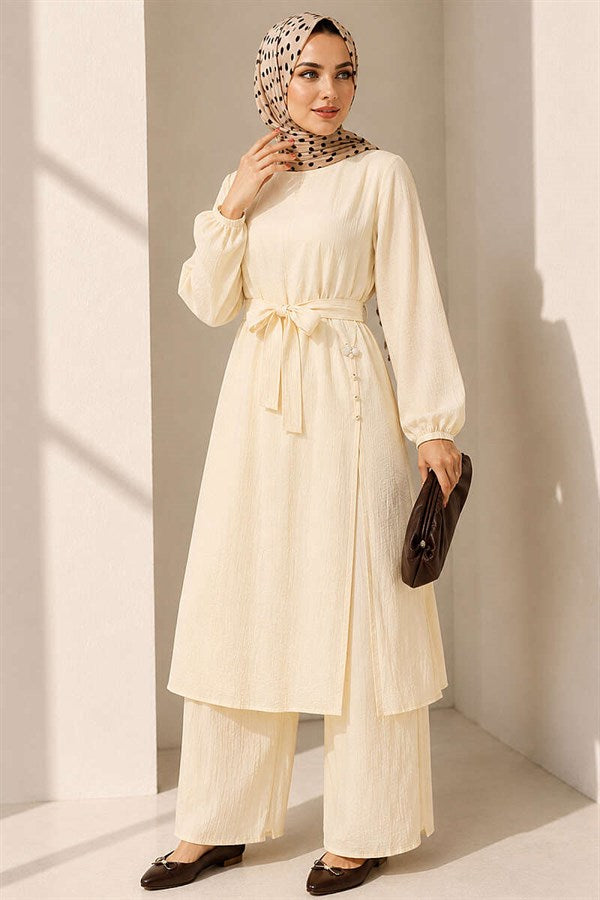 Yellow Long Tunic 2 Piece Set with Slit and Floral Accessories