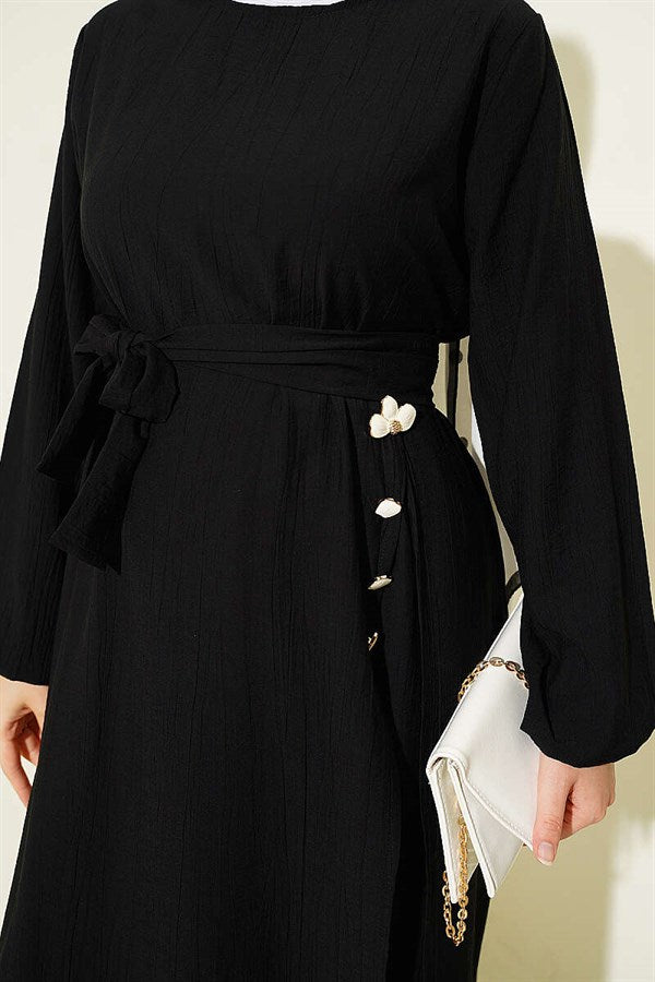 Long Tunic 2 Piece Set with Slit and Floral Accessories, Black