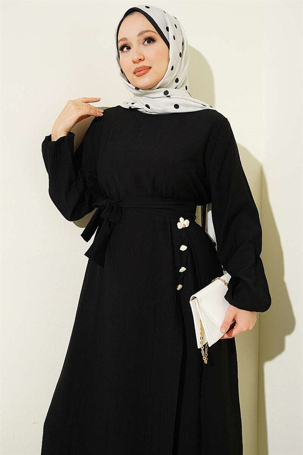 Long Tunic 2 Piece Set with Slit and Floral Accessories, Black
