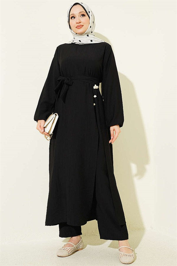Long Tunic 2 Piece Set with Slit and Floral Accessories, Black