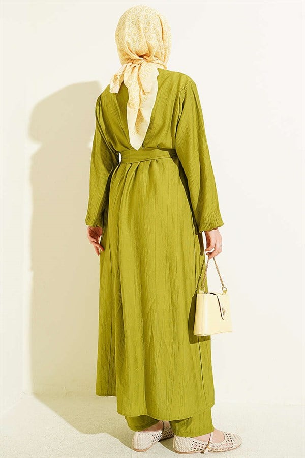 Long Tunic 2 Piece Set with Slit and Floral Accessories, Olive Green