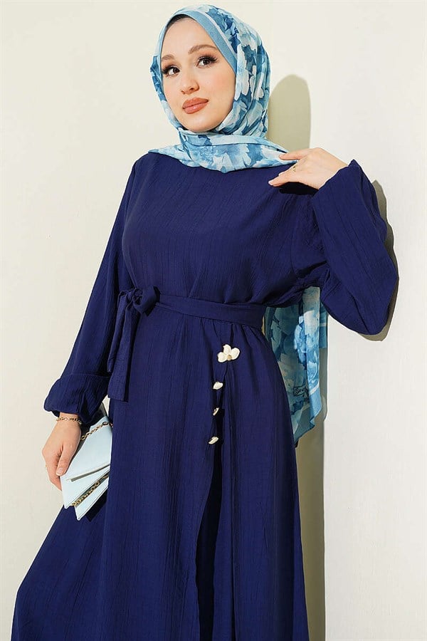 Navy Blue Long Tunic 2 Piece Set with Slit and Floral Accessories