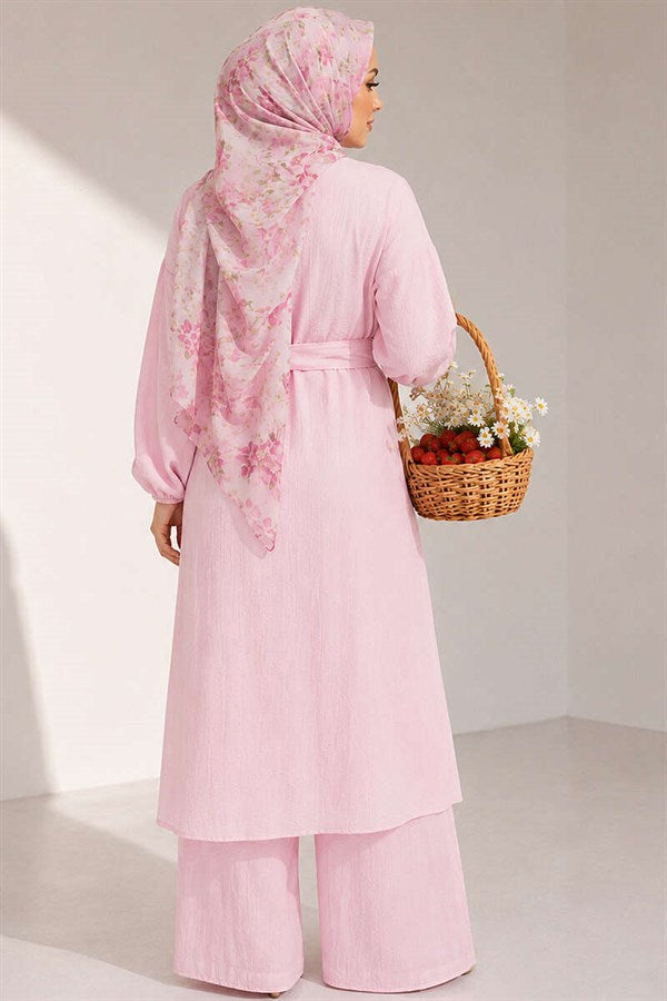 Pink Long Tunic 2 Piece Set with Slit and Floral Accessories