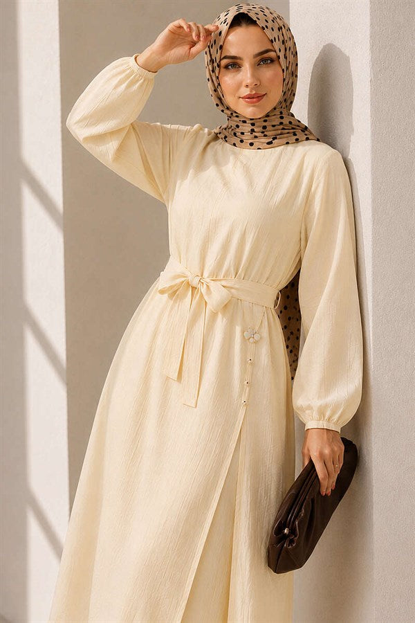 Yellow Long Tunic 2 Piece Set with Slit and Floral Accessories
