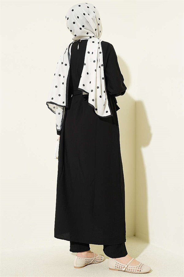 Long Tunic 2 Piece Set with Slit and Floral Accessories, Black