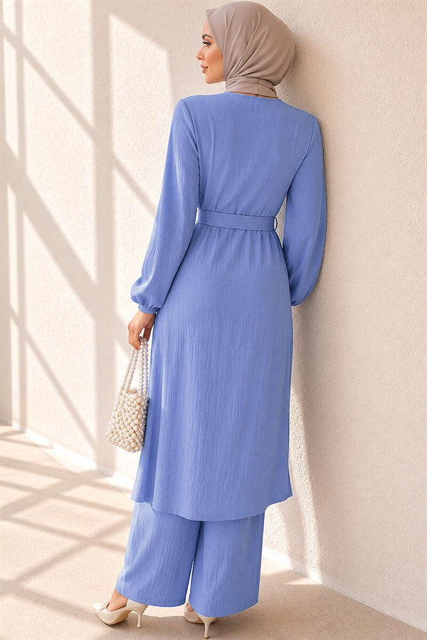 Baby Blue Long Tunic 2 Piece Set with Slit and Floral Accessories