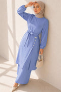 Baby Blue Long Tunic 2 Piece Set with Slit and Floral Accessories