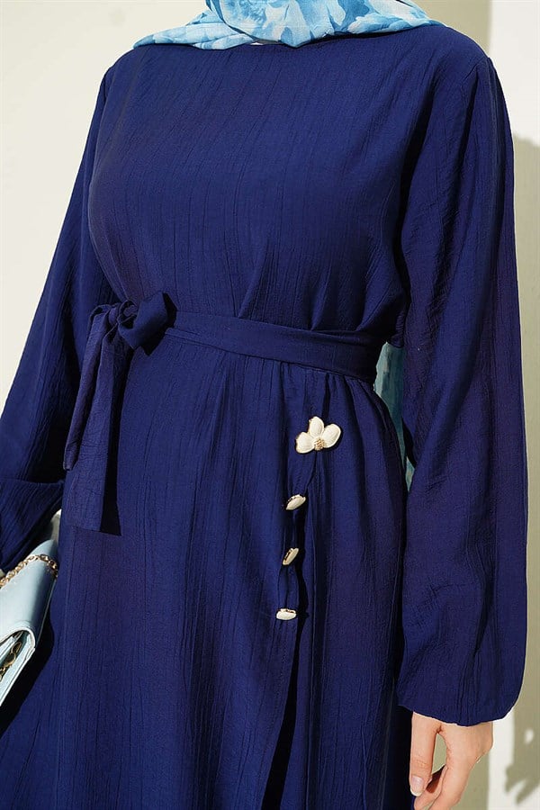 Navy Blue Long Tunic 2 Piece Set with Slit and Floral Accessories