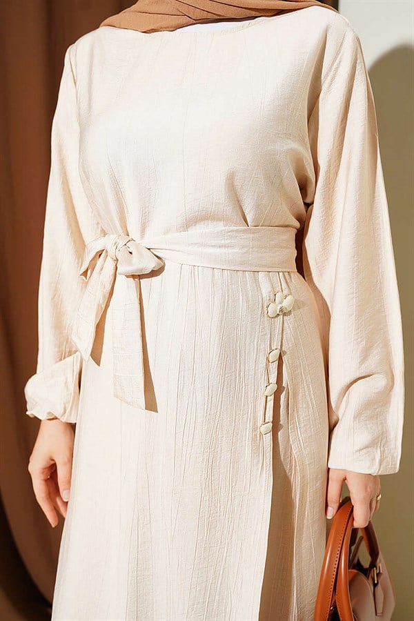 Long Tunic 2 Piece Set with Slit and Floral Accessories, Beige