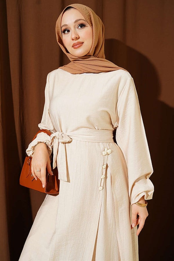 Long Tunic 2 Piece Set with Slit and Floral Accessories, Beige