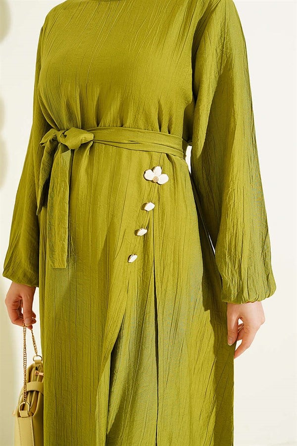 Long Tunic 2 Piece Set with Slit and Floral Accessories, Olive Green