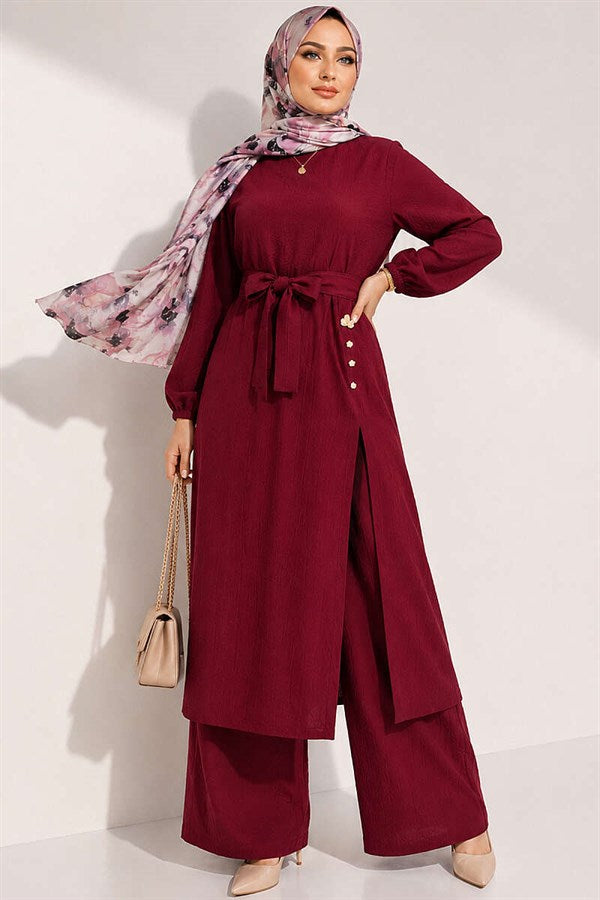 Burgundy Long Tunic 2 Piece Set with Slit and Floral Accessories