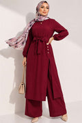 Burgundy Long Tunic 2 Piece Set with Slit and Floral Accessories