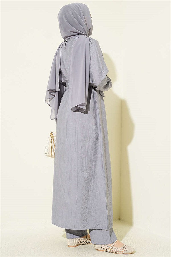 Grey Long Tunic 2 Piece Set with Slit and Floral Accessories