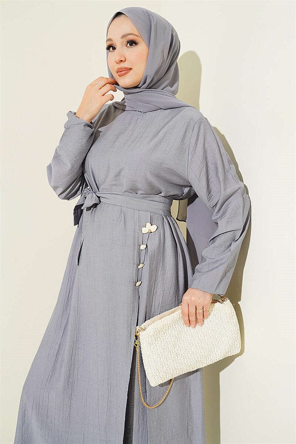 Grey Long Tunic 2 Piece Set with Slit and Floral Accessories