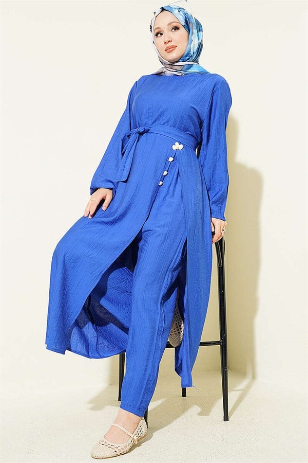 Long Tunic 2 Piece Set with Slit and Floral Accessories (Saksı)
