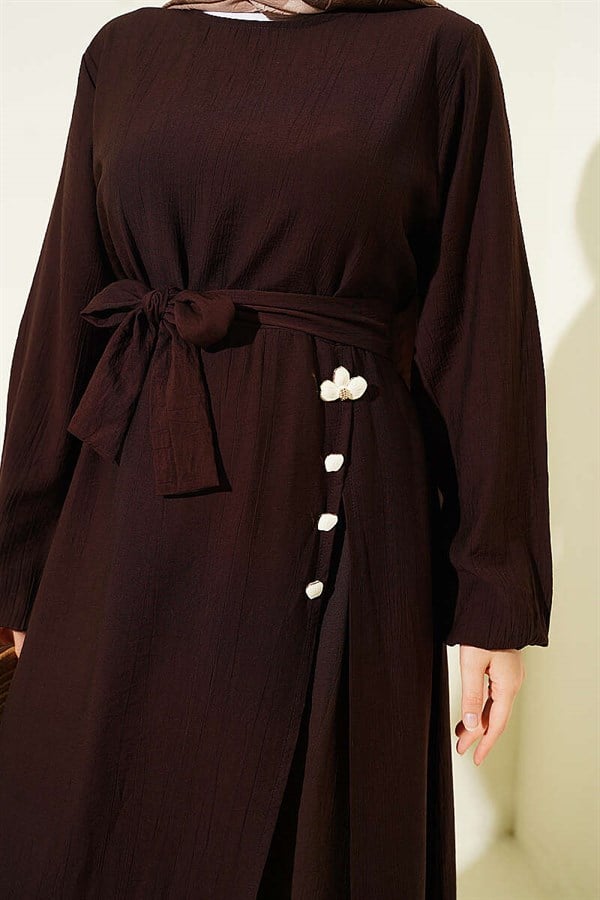 Long Tunic 2 Piece Set with Slit and Floral Accessories, Coffee