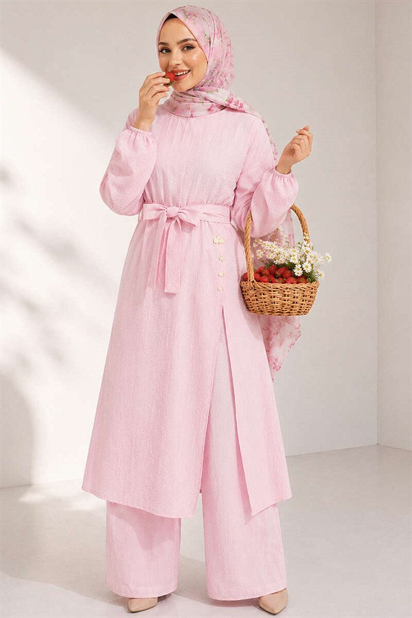 Pink Long Tunic 2 Piece Set with Slit and Floral Accessories