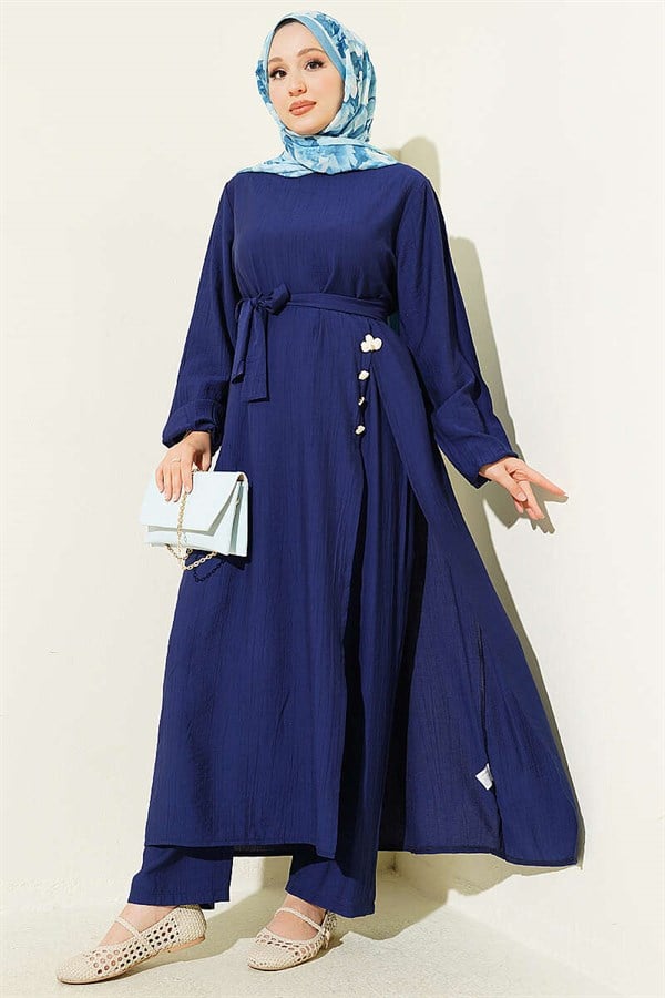 Navy Blue Long Tunic 2 Piece Set with Slit and Floral Accessories