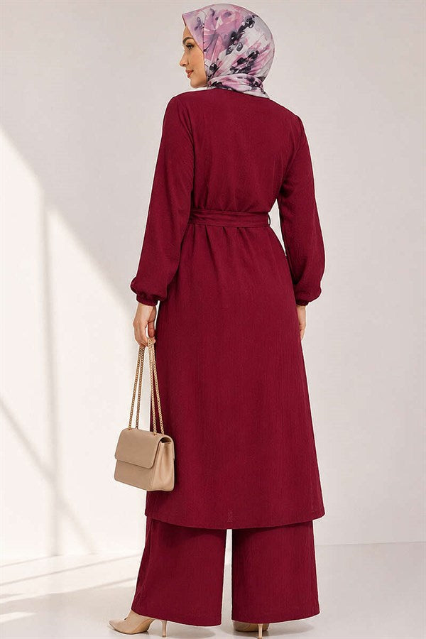 Burgundy Long Tunic 2 Piece Set with Slit and Floral Accessories