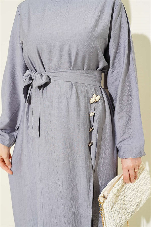 Grey Long Tunic 2 Piece Set with Slit and Floral Accessories