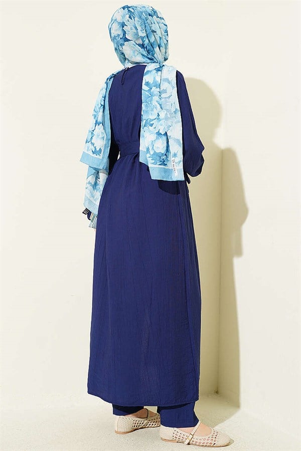 Navy Blue Long Tunic 2 Piece Set with Slit and Floral Accessories