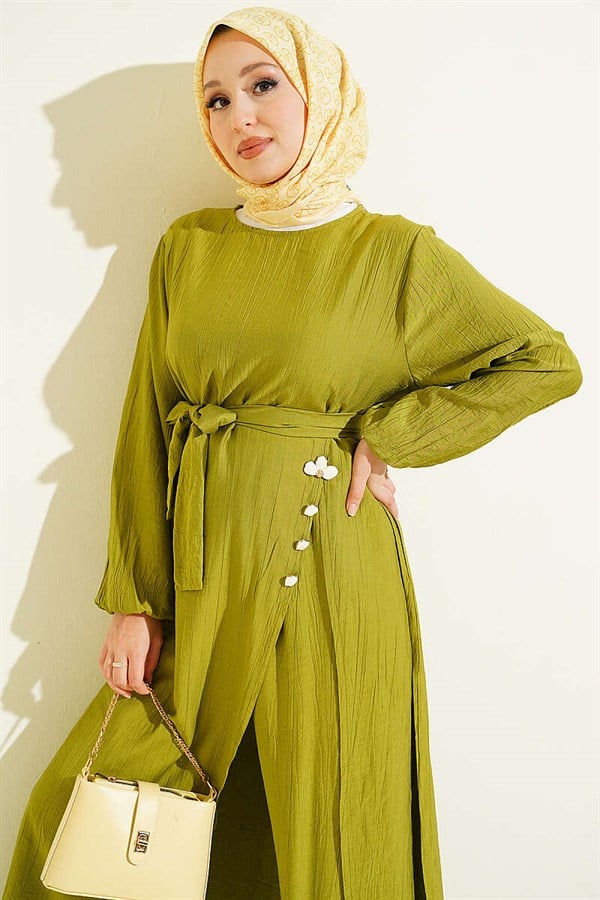 Long Tunic 2 Piece Set with Slit and Floral Accessories, Olive Green