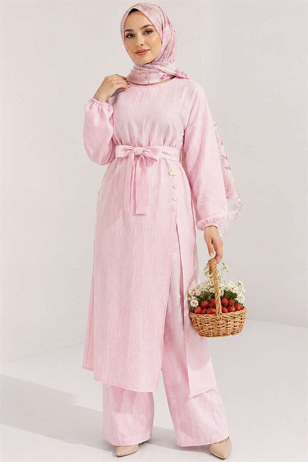 Pink Long Tunic 2 Piece Set with Slit and Floral Accessories
