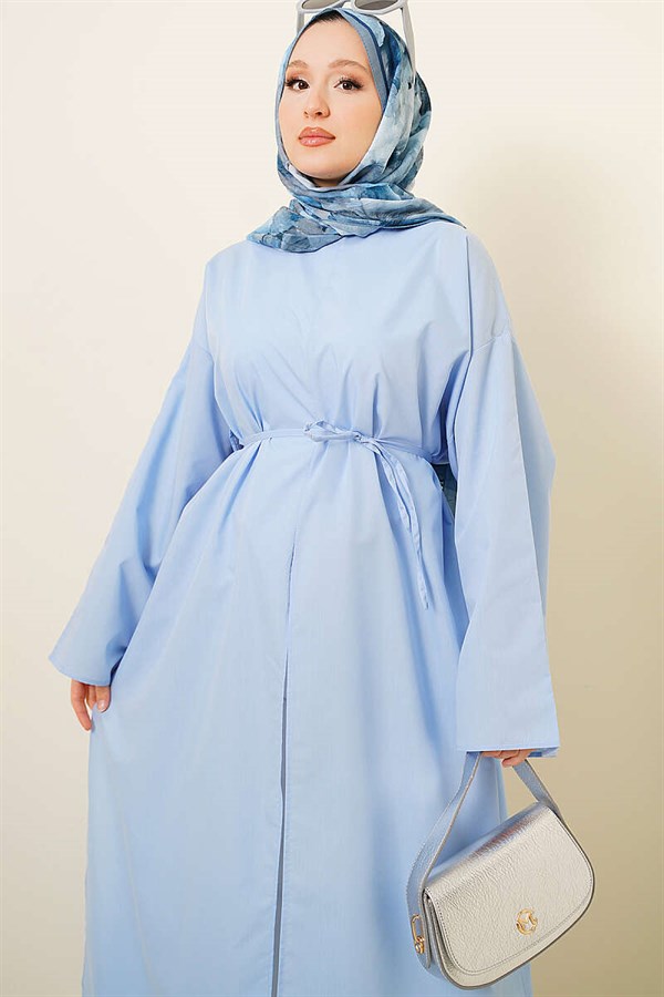 Long Tunic with Slit and Drawstring, Blue