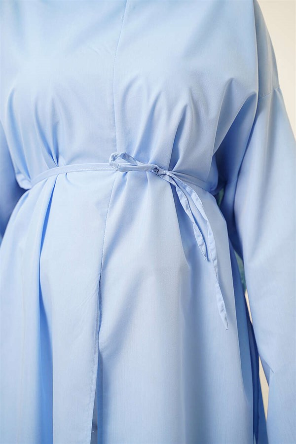Long Tunic with Slit and Drawstring, Blue