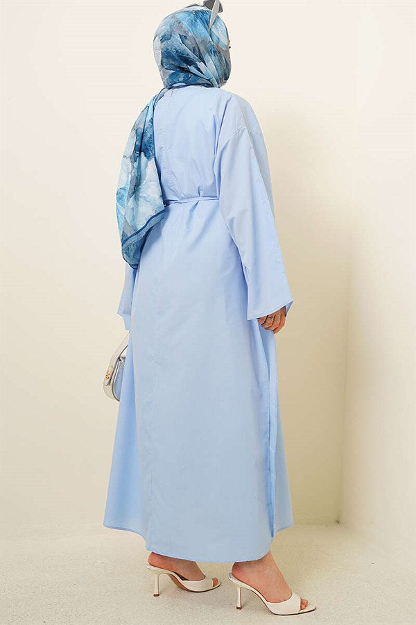 Long Tunic with Slit and Drawstring, Blue