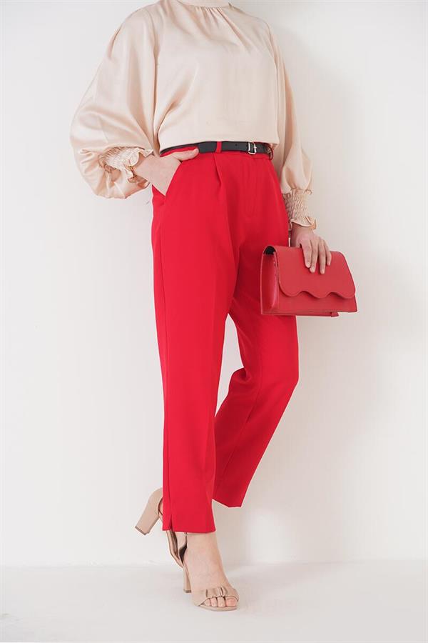 Slit Belted Red Trousers