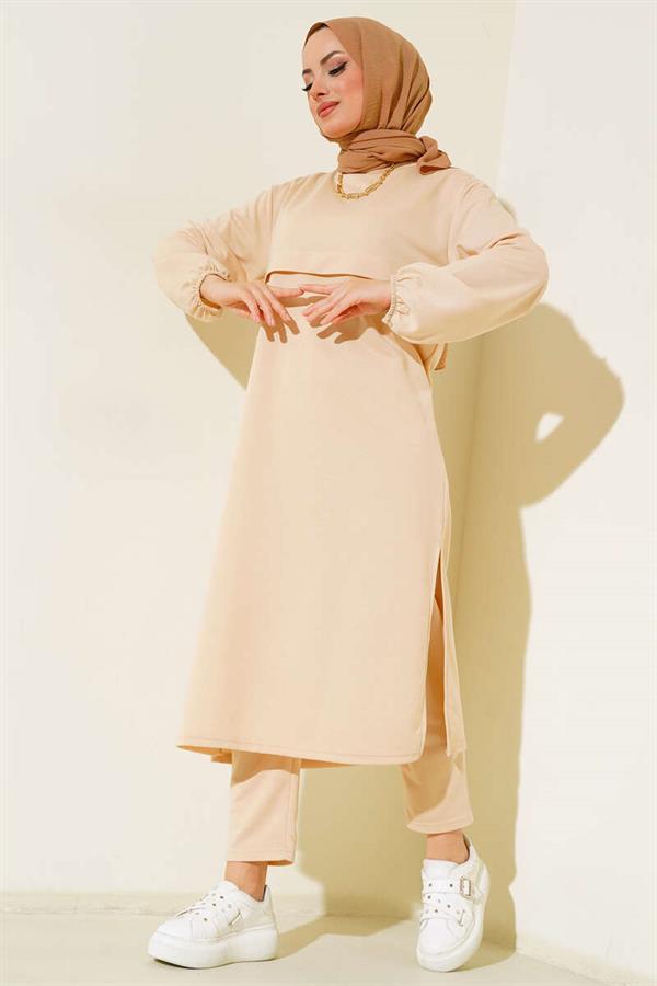 Slit Long 2 Piece Set Beige
