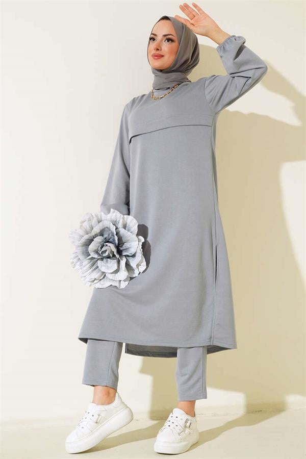 Slit Long 2 Piece Set Gray
