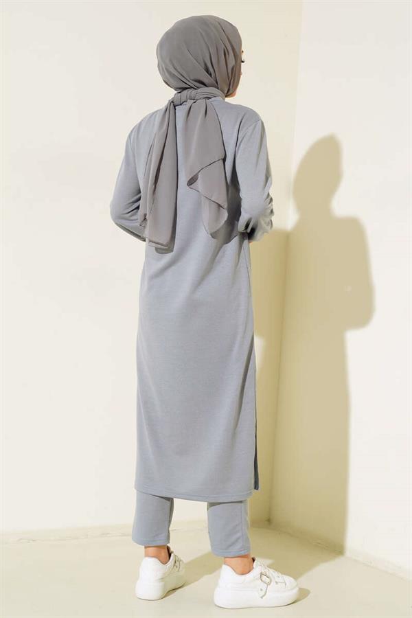 Slit Long 2 Piece Set Gray