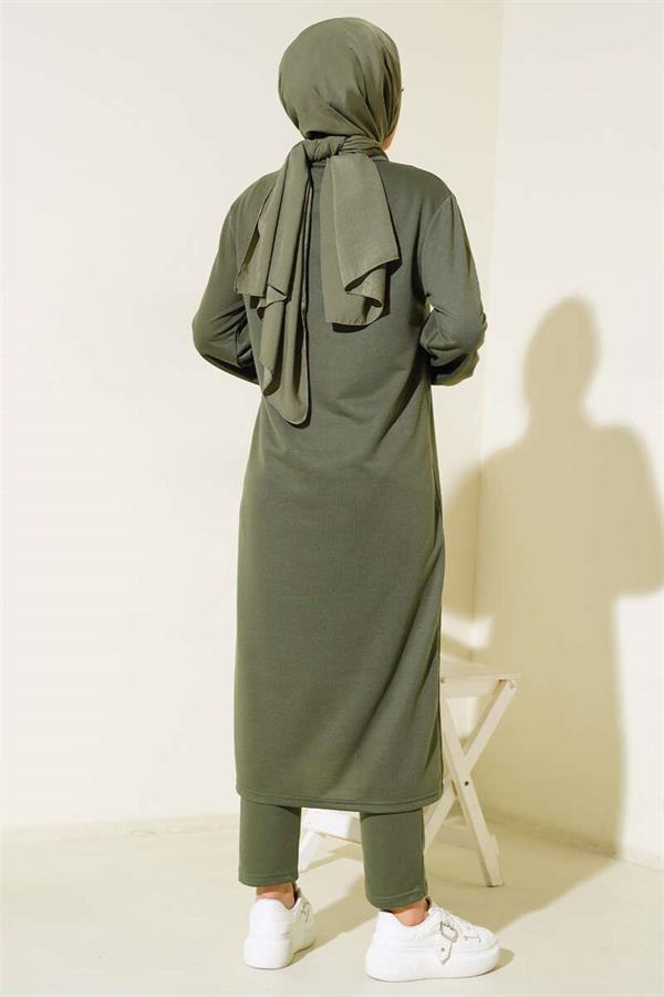Slit Long Double-breasted 2 Piece Set Khaki