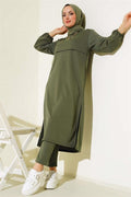 Slit Long Double-breasted 2 Piece Set Khaki