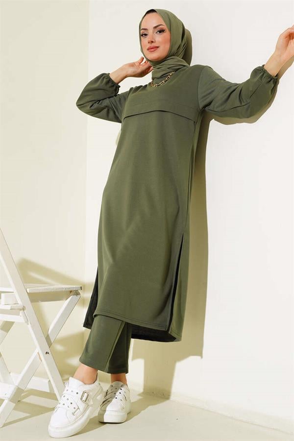 Slit Long Double-breasted 2 Piece Set Khaki