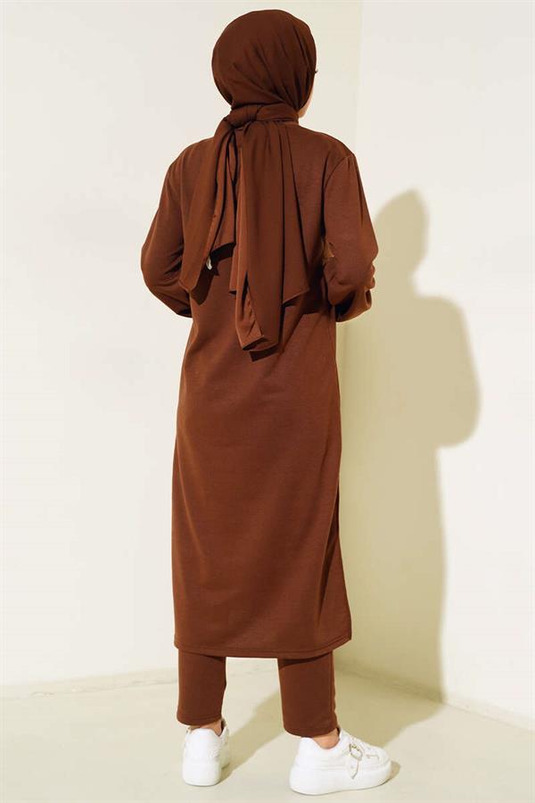 Slit Long Double Breasted 2 Piece Set Brown