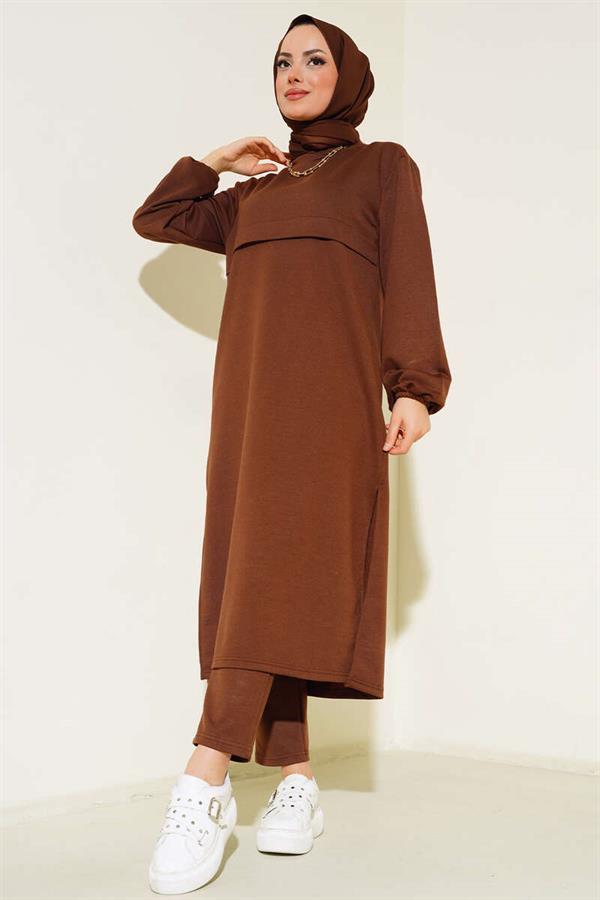 Slit Long Double Breasted 2 Piece Set Brown